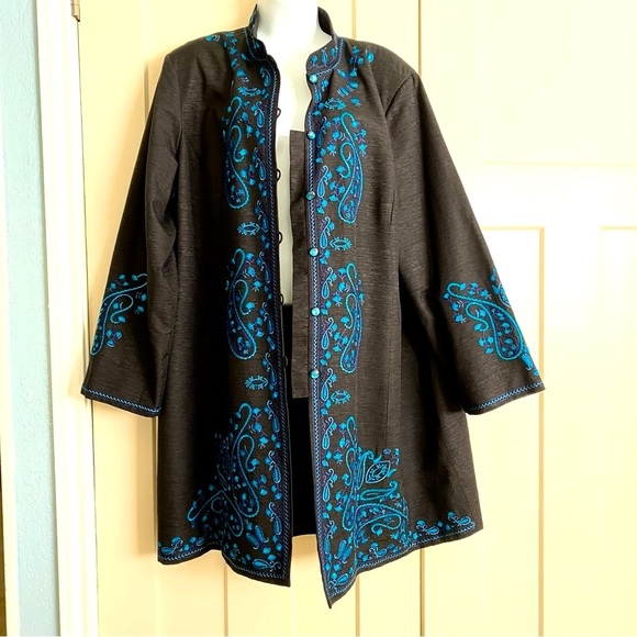 Silk Land Woman Black Silk Longline Blazer Jacket Size 1X Embroidered Tunic - Picture 2 of 15